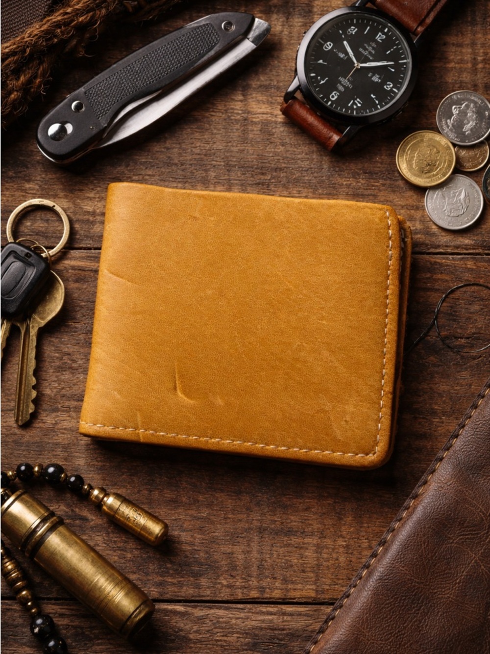 Genuine Buffalo Leather Wallet Tan Slim Bifold Minimalist EDC Soft Worn-In